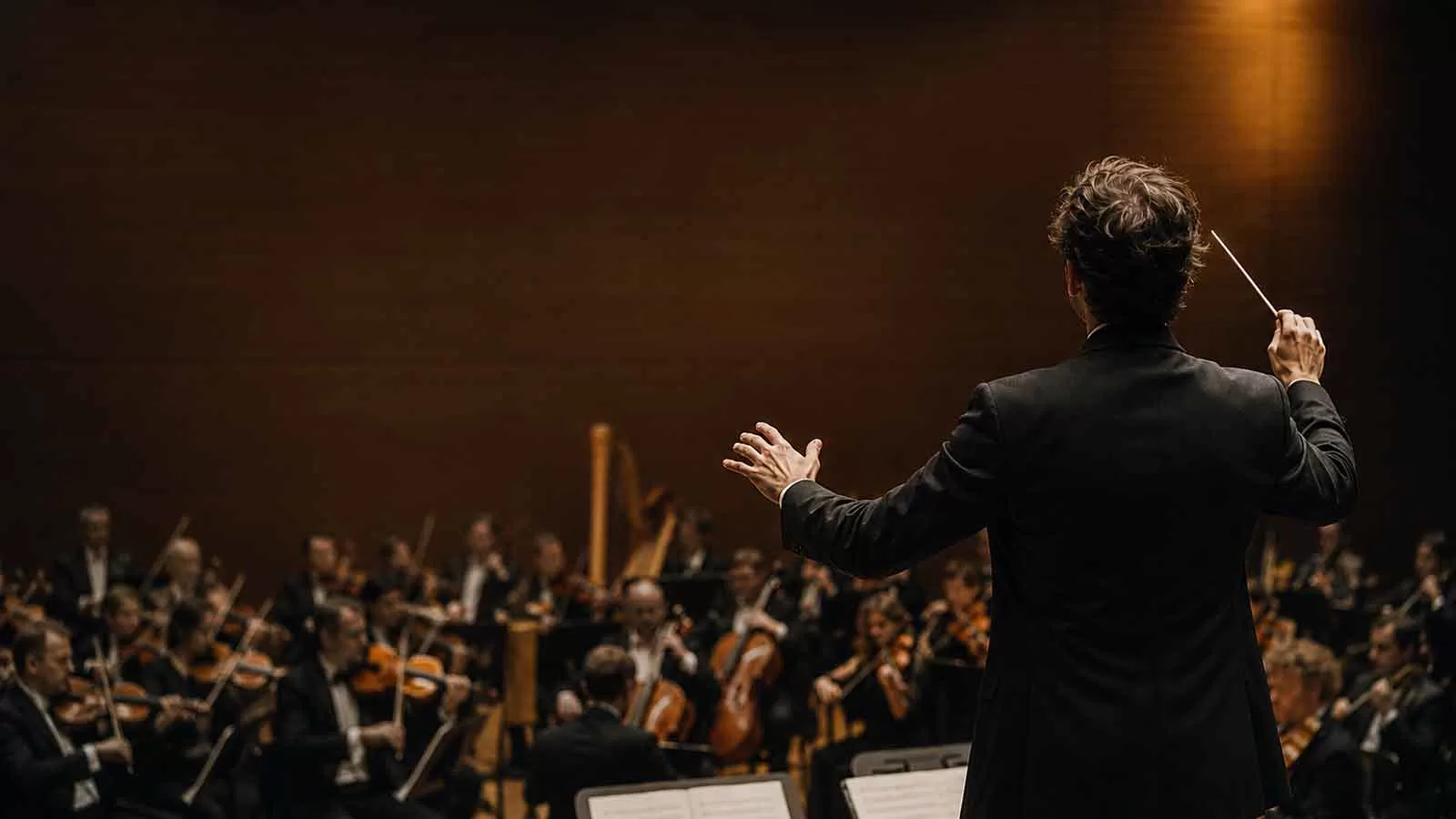 Direttore d’orchestra coordina i musicisti, metafora della comunicazione aziendale integrata