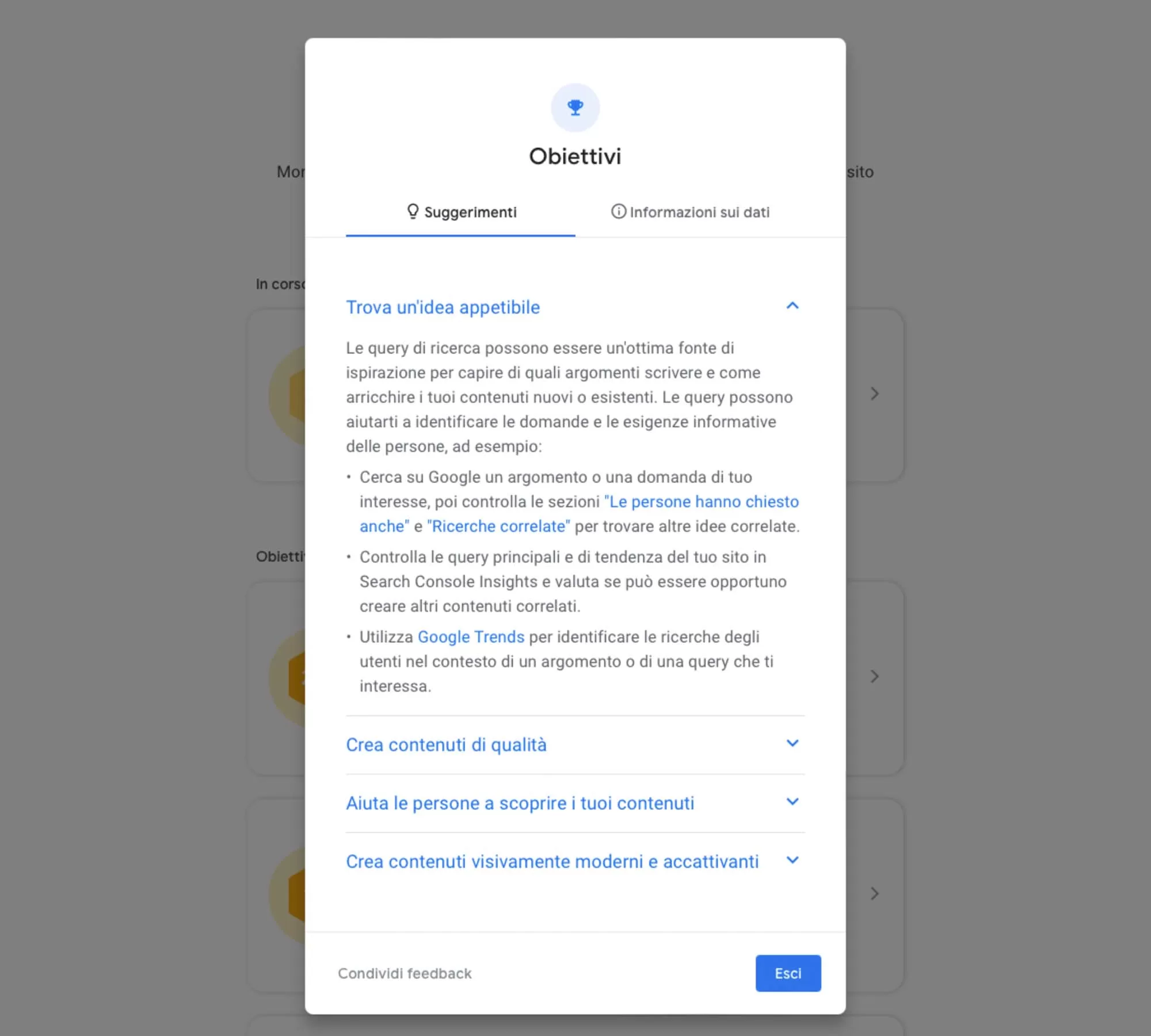Helpul Content Update. Screenshot dalla Search Console di Google e suggerimenti sui contenuti utili